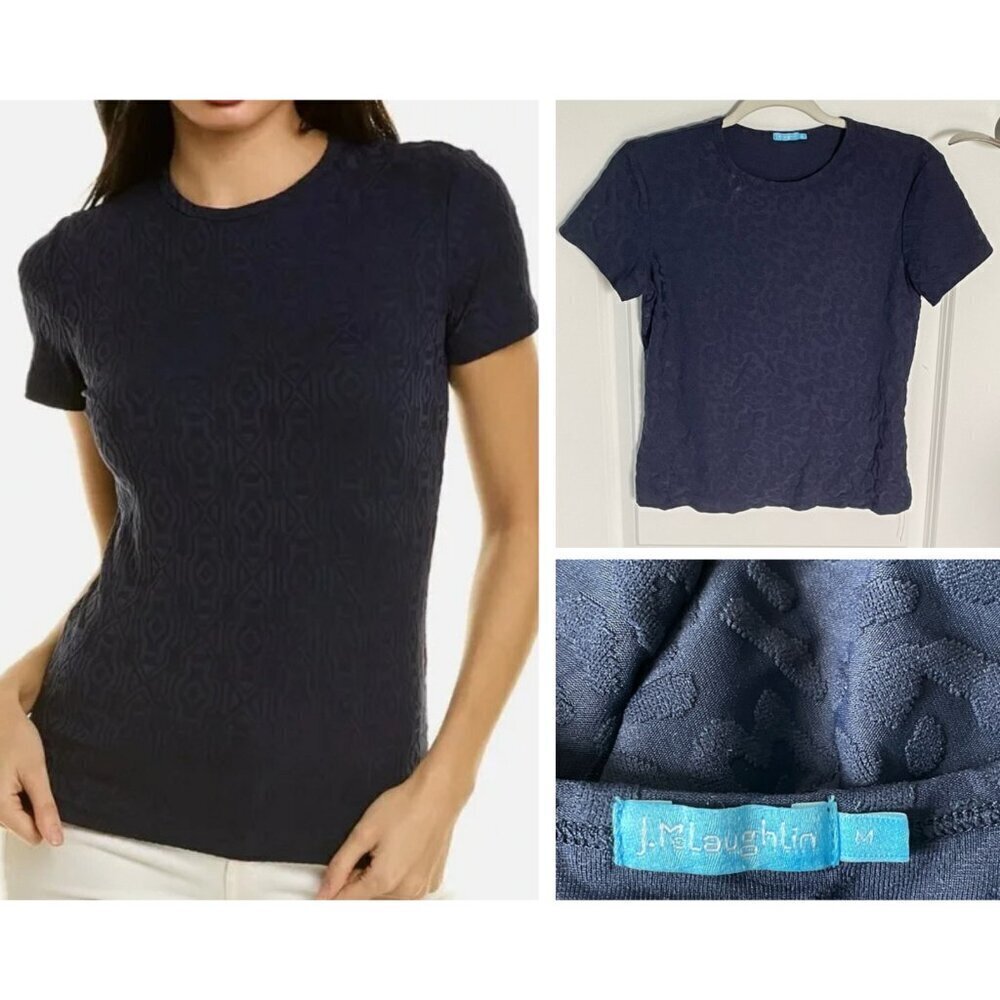 J. McLaughlin Blue Jacquard Leopard Short Sleeve Top - 47104